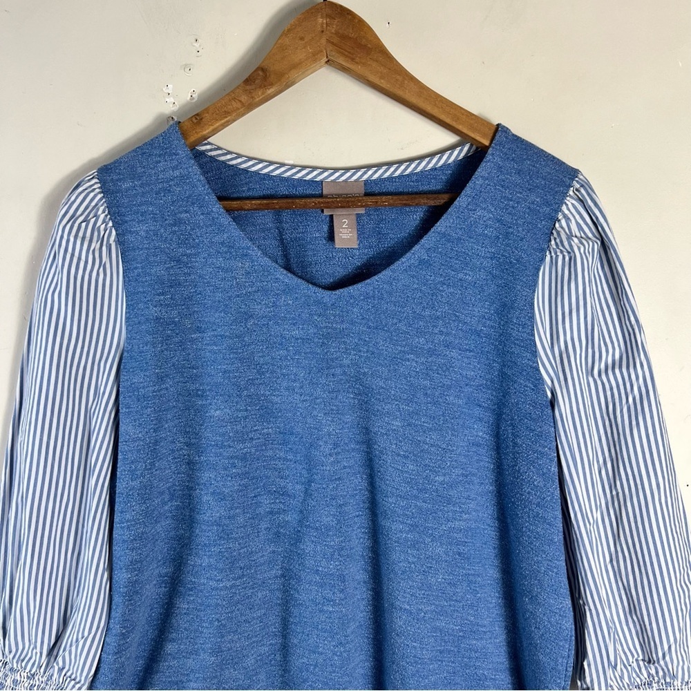 Chico’s Women’s Blue Mixed Media Top Shirt Size Medium Bubble Sleeve Peasant - Picture 3 of 10